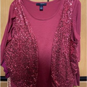Long Sleeve Burgandy shirt with attached sequined vest. 60% Cotton 40% Polyester